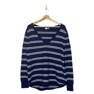 GAP Sweater Navy and‎ White Striped Wool Blend V Neck Oversized Womens Large